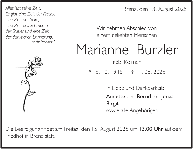  Traueranzeige für Marianne Burzler vom 13.08.2025 aus Heidenheimer Zeitung
