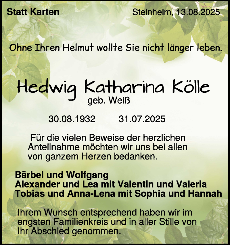  Traueranzeige für Hedwig Katharina Kölle vom 16.08.2025 aus Heidenheimer Zeitung