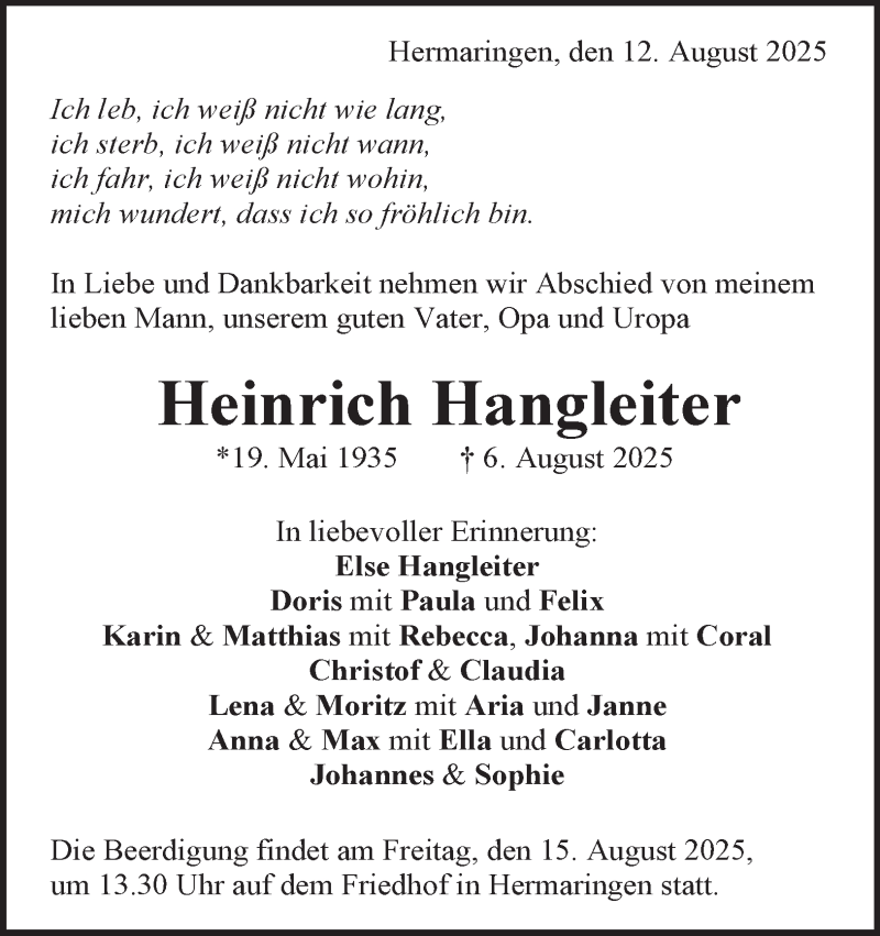  Traueranzeige für Heinrich  Hangleiter vom 12.08.2025 aus Heidenheimer Zeitung