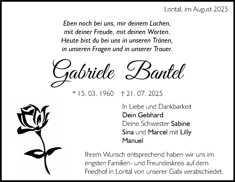  Traueranzeige für Gabriele Bantel vom 09.08.2025 aus Heidenheimer Zeitung