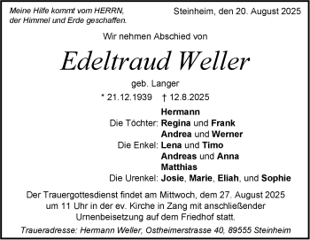 Traueranzeige von Edeltraud Weller von Heidenheimer Zeitung