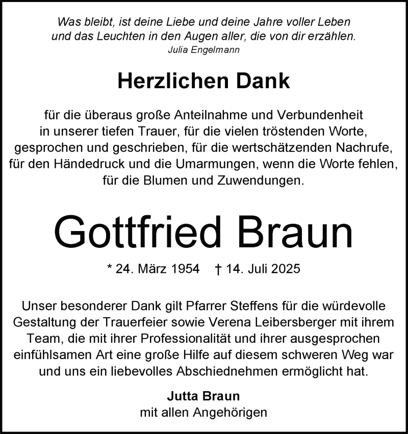  Traueranzeige für Gottfried Braun vom 28.08.2025 aus Heidenheimer Zeitung