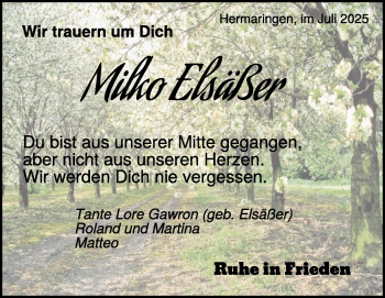 Traueranzeige von Milko Elsäßer von Heidenheimer Zeitung