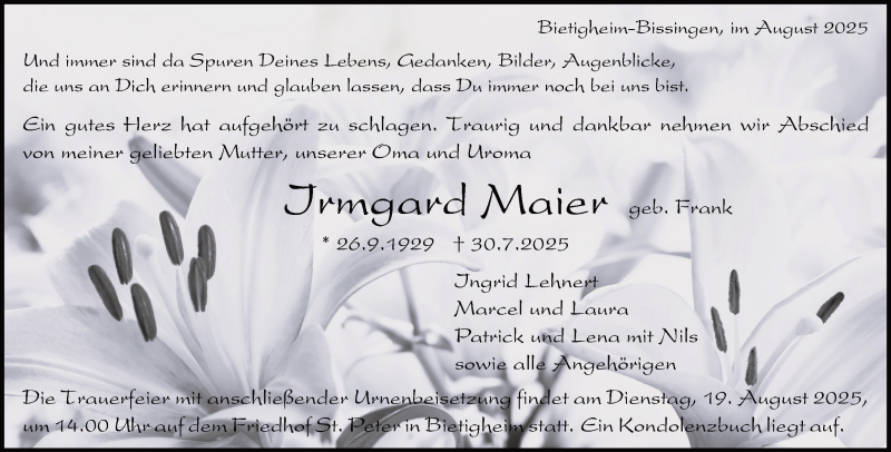  Traueranzeige für Irmgard Maier vom 15.08.2025 aus Heidenheimer Zeitung