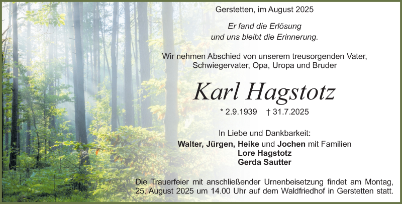  Traueranzeige für Karl Hagstotz vom 20.08.2025 aus Heidenheimer Zeitung
