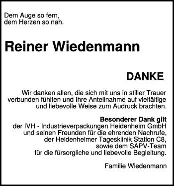 Traueranzeige von Reiner Wiedenmann von Heidenheimer Zeitung