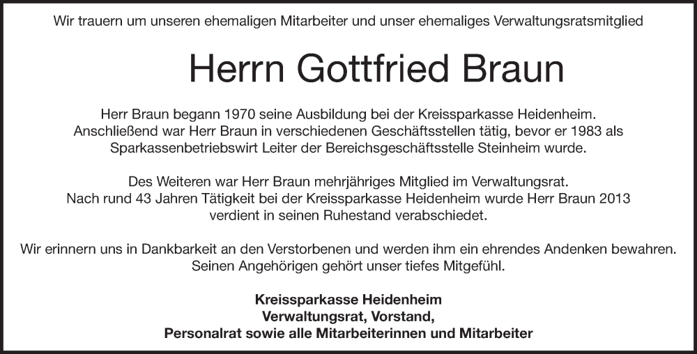  Traueranzeige für Gottfried Braun vom 23.07.2025 aus Heidenheimer Zeitung