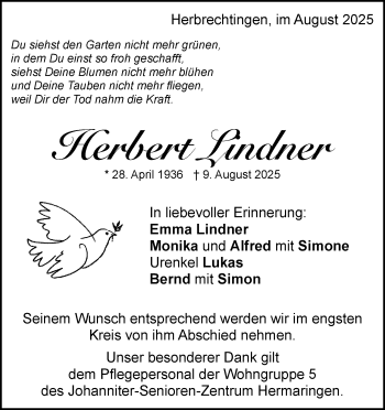Traueranzeige von Herbert Lindner von Heidenheimer Zeitung