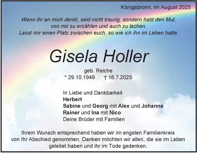  Traueranzeige für Gisela Holler vom 14.08.2025 aus Heidenheimer Zeitung