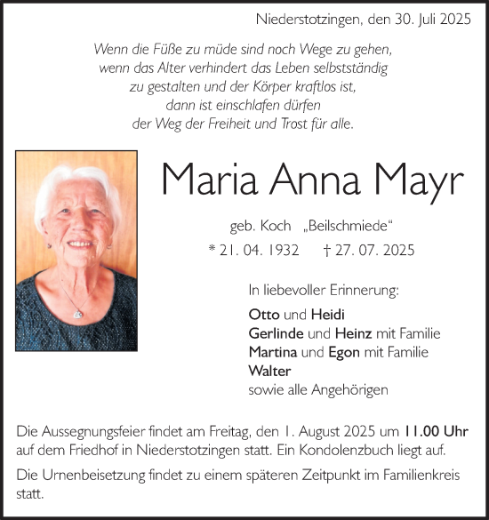 Traueranzeige von Maria Anna Mayr 