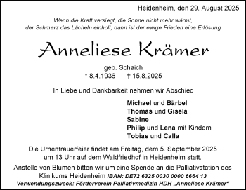 Traueranzeige von Anneliese Krämer von Heidenheimer Zeitung