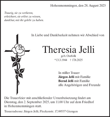 Traueranzeige von Theresia Jelli von Heidenheimer Zeitung