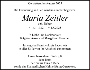 Traueranzeige von Maria Zeitler von Heidenheimer Zeitung