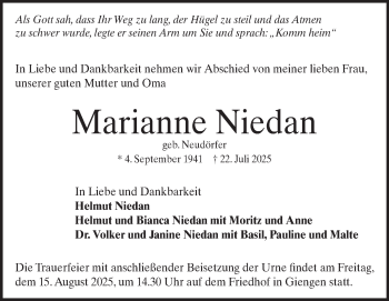 Traueranzeige von Marianne Niedan von Heidenheimer Zeitung