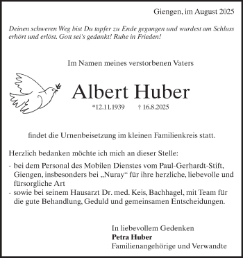 Traueranzeige von Albert Huber von Heidenheimer Zeitung