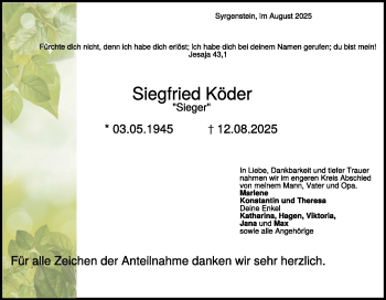 Traueranzeige von Siegfried Köder von Heidenheimer Zeitung