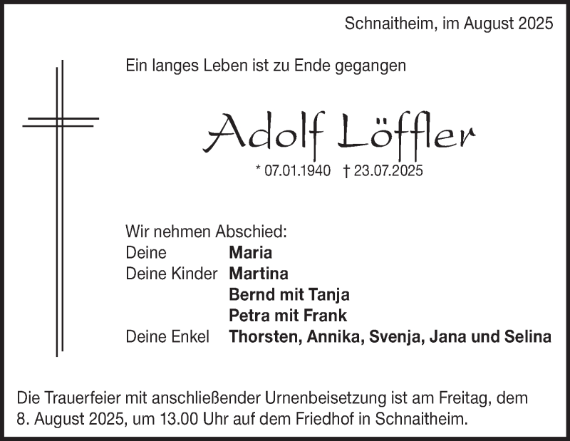  Traueranzeige für Adolf Löffler vom 02.08.2025 aus Heidenheimer Zeitung
