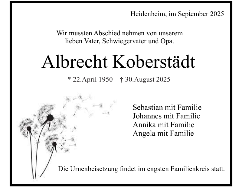  Traueranzeige für Albrecht Koberstädt vom 10.09.2025 aus Heidenheimer Zeitung