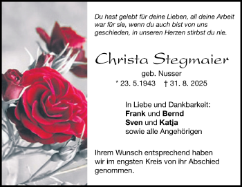 Traueranzeige von Christa Stegmaier von Heidenheimer Zeitung