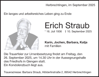 Traueranzeige von Erich Straub von Heidenheimer Zeitung
