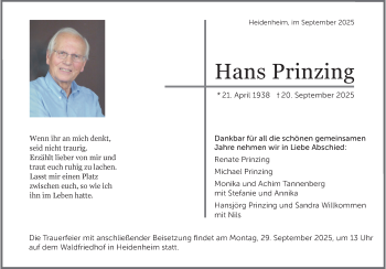 Traueranzeige von Hans Prinzing von Heidenheimer Zeitung