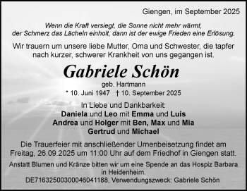 Traueranzeige von Gabriele Schön von Heidenheimer Zeitung