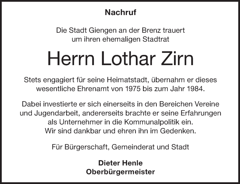  Traueranzeige für Lothar Zirn vom 04.09.2025 aus Heidenheimer Zeitung