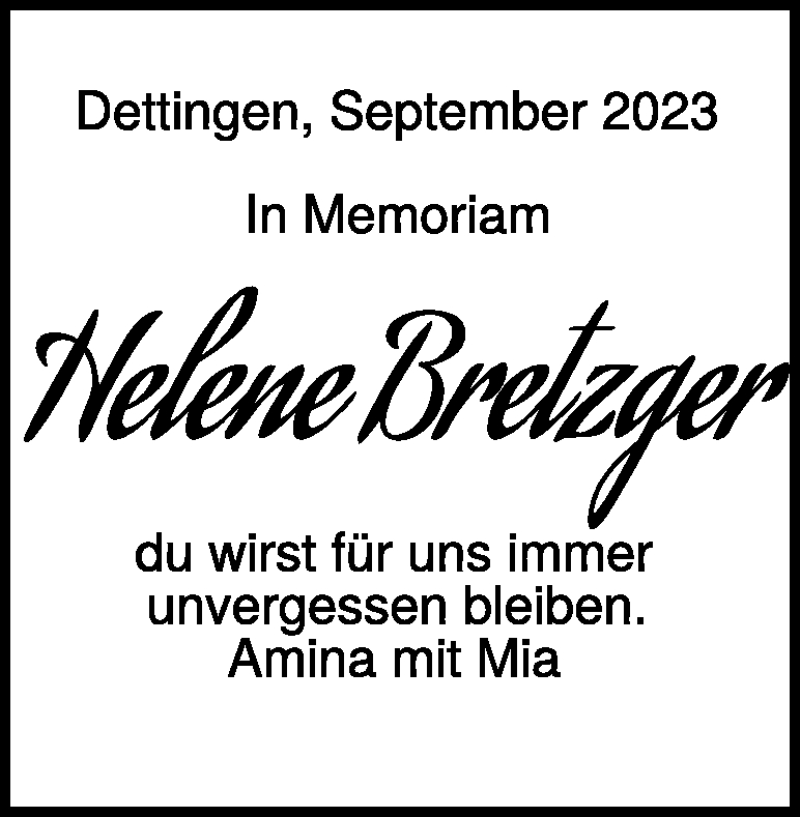  Traueranzeige für Helene Bretzger vom 20.09.2025 aus Heidenheimer Zeitung