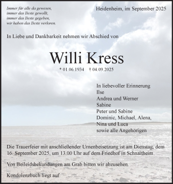 Traueranzeige von Willi Kress von Heidenheimer Zeitung