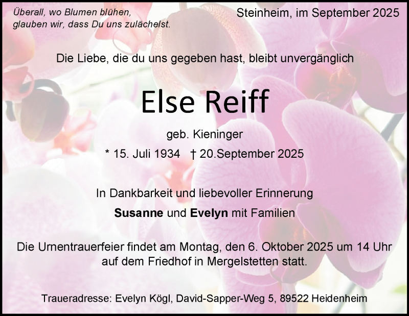  Traueranzeige für Else Reiff vom 27.09.2025 aus Heidenheimer Zeitung