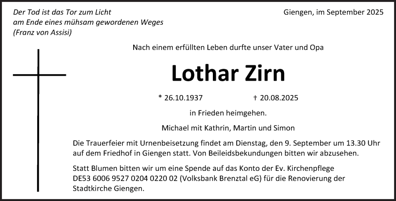  Traueranzeige für Lothar Zirn vom 02.09.2025 aus Heidenheimer Zeitung