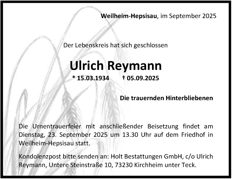  Traueranzeige für Ulrich Reymann vom 13.09.2025 aus Heidenheimer Zeitung