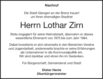 Traueranzeige von Lothar Zirn von Heidenheimer Zeitung
