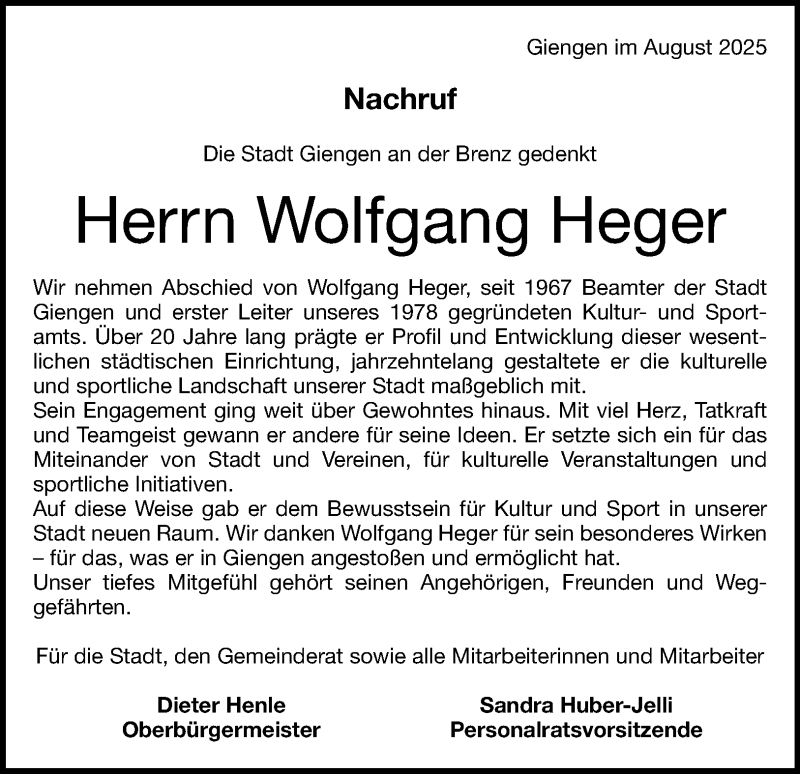 Traueranzeige für Wolfgang Heger vom 03.09.2025 aus Heidenheimer Zeitung