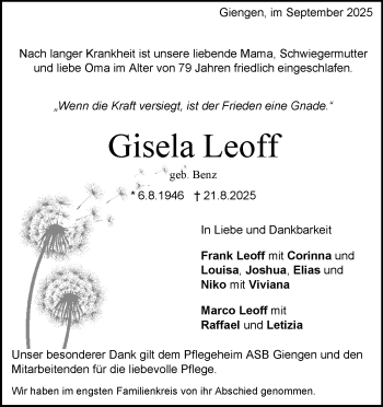 Traueranzeige von Gisela Leoff von Heidenheimer Zeitung