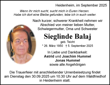 Traueranzeige von Sieglinde Balaj von Heidenheimer Zeitung