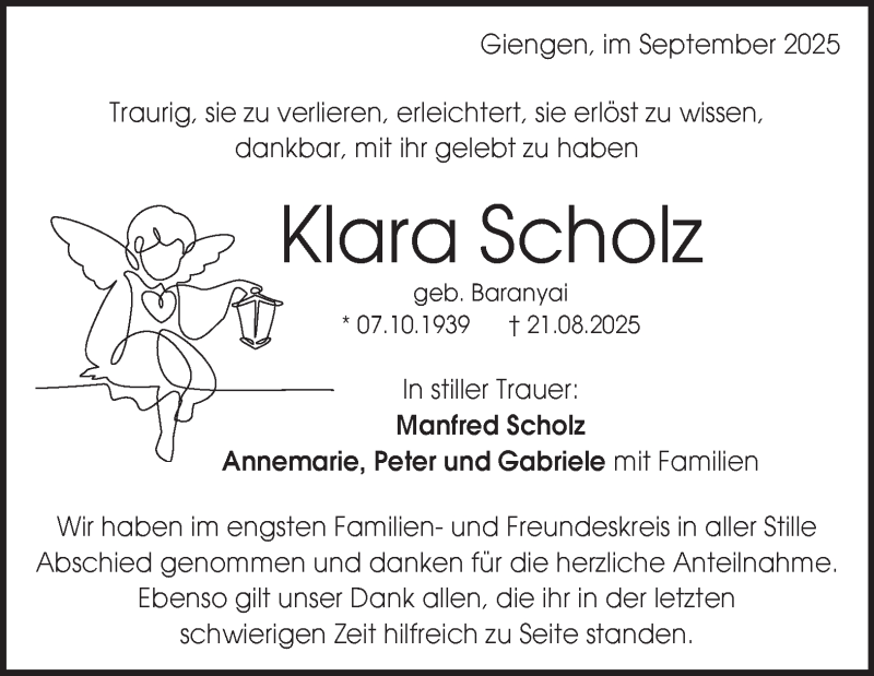  Traueranzeige für Klara Scholz vom 03.09.2025 aus Heidenheimer Zeitung