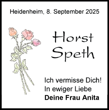 Traueranzeige von Horst Speth von Heidenheimer Zeitung