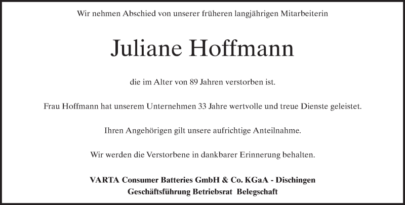  Traueranzeige für Juliane Hoffmann vom 30.09.2025 aus Heidenheimer Zeitung