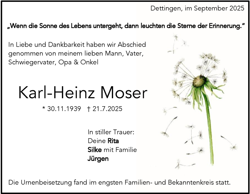  Traueranzeige für Karl-Heinz Moser vom 24.09.2025 aus Heidenheimer Zeitung