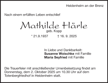Traueranzeige von Mathilde Härle von Heidenheimer Zeitung
