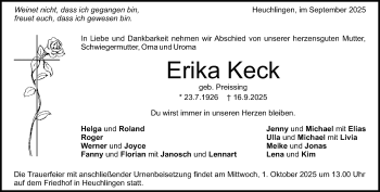 Traueranzeige von Erika Keck von Heidenheimer Zeitung