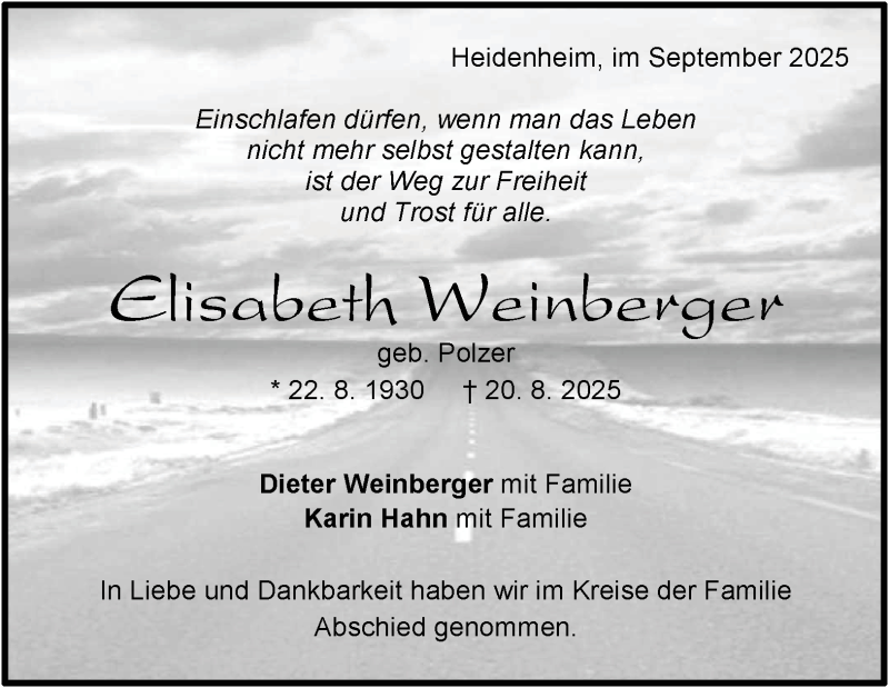  Traueranzeige für Elisabeth Weinberger vom 10.09.2025 aus Heidenheimer Zeitung