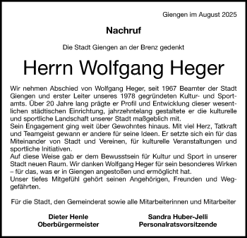 Traueranzeige von Wolfgang Heger von Heidenheimer Zeitung