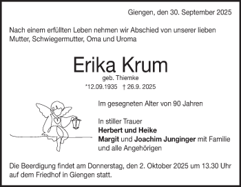 Traueranzeige von Erika Krum von Heidenheimer Zeitung
