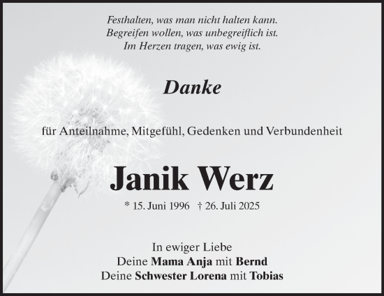 Traueranzeige von Janik Werz von Heidenheimer Zeitung