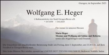 Traueranzeige von Wolfgang Heger von Heidenheimer Zeitung
