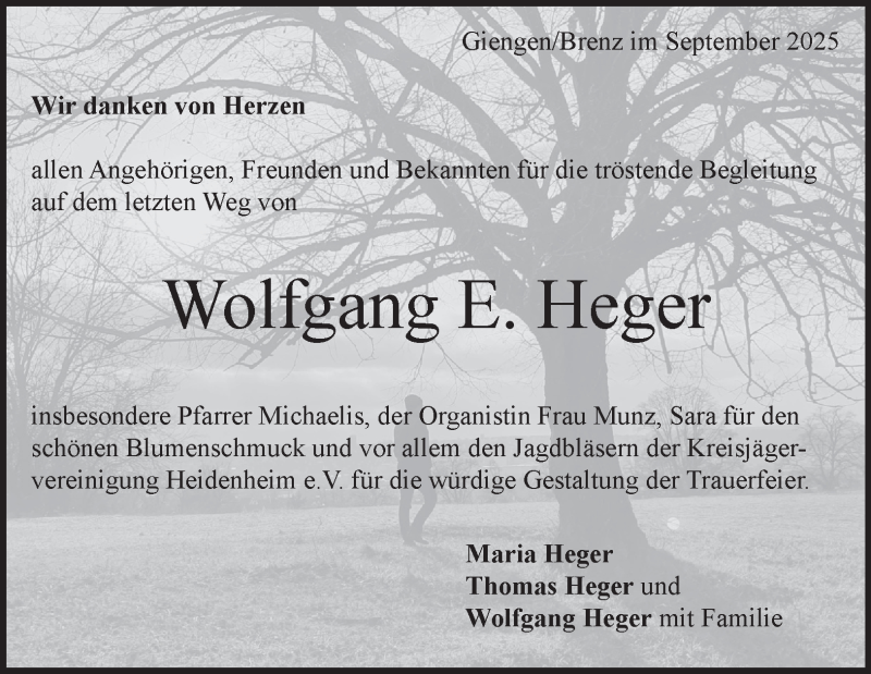  Traueranzeige für Wolfgang Heger vom 26.09.2025 aus Heidenheimer Zeitung