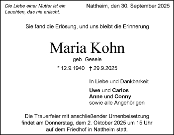 Traueranzeige von Maria Kohn von Heidenheimer Zeitung