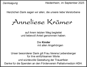 Traueranzeige von Anneliese Krämer von Heidenheimer Zeitung
